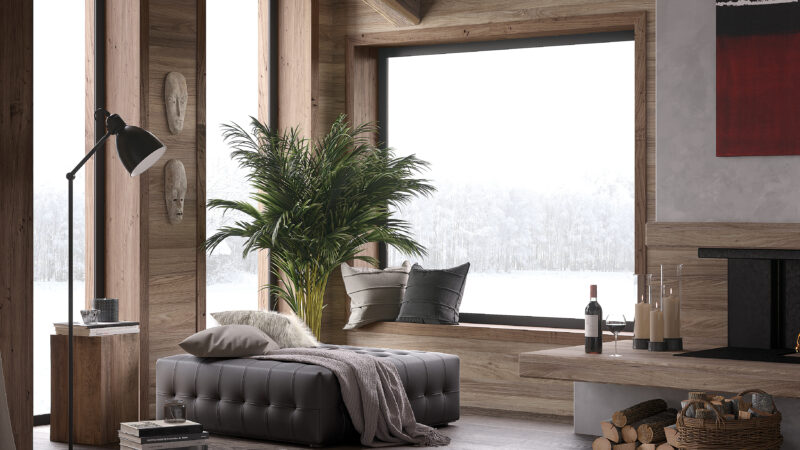 Beautiful living room with a wooden walls. Atmospheric calm, ethera. Winter outdoor environment. Cottage mountain house.