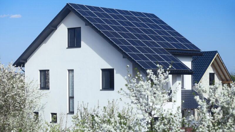 Solar Cells Full Roof of Modern Residential Home with Landscaping.